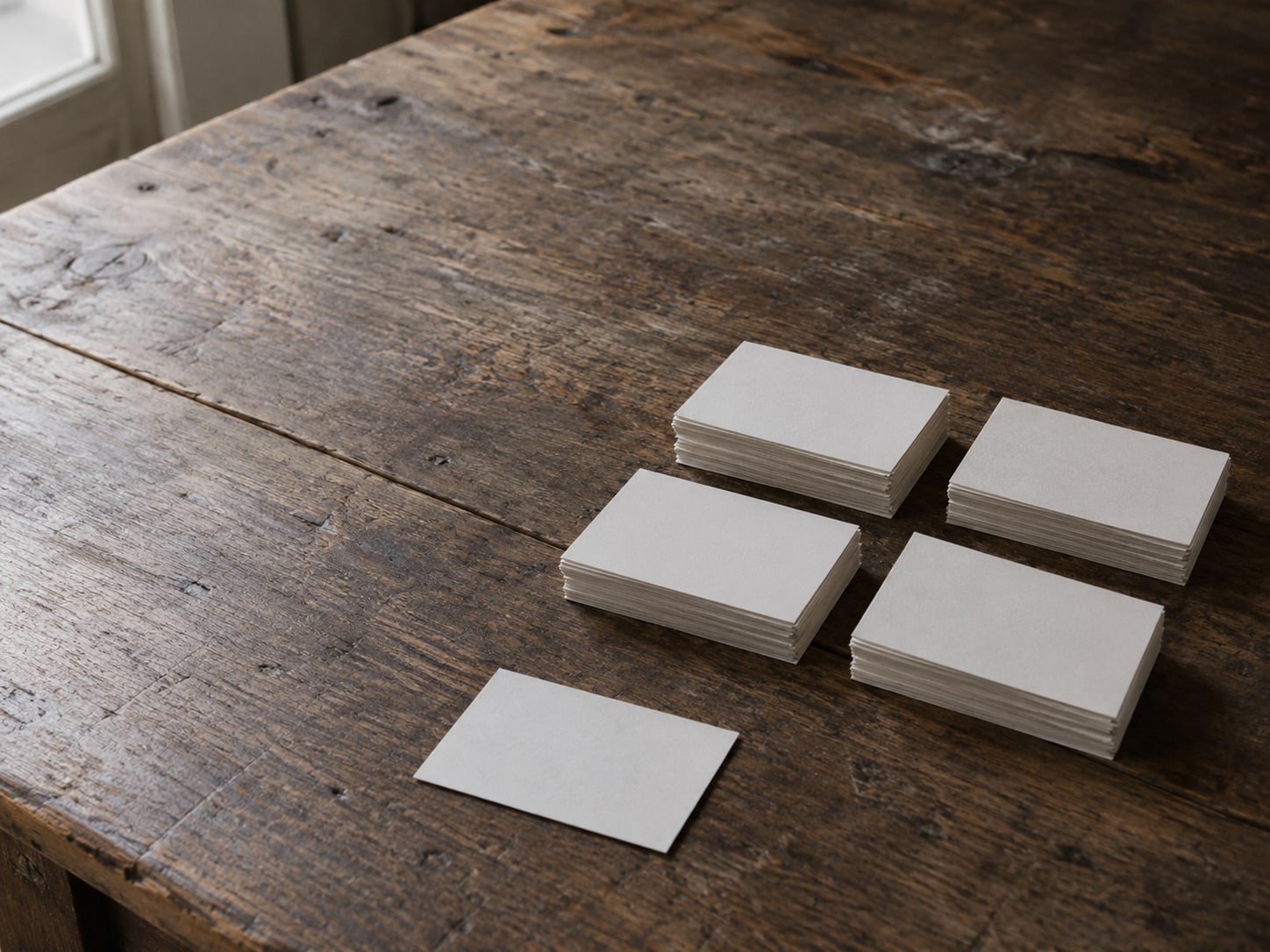 Index cards sorted into four small piles on a wooden table, one card set apart from the rest.