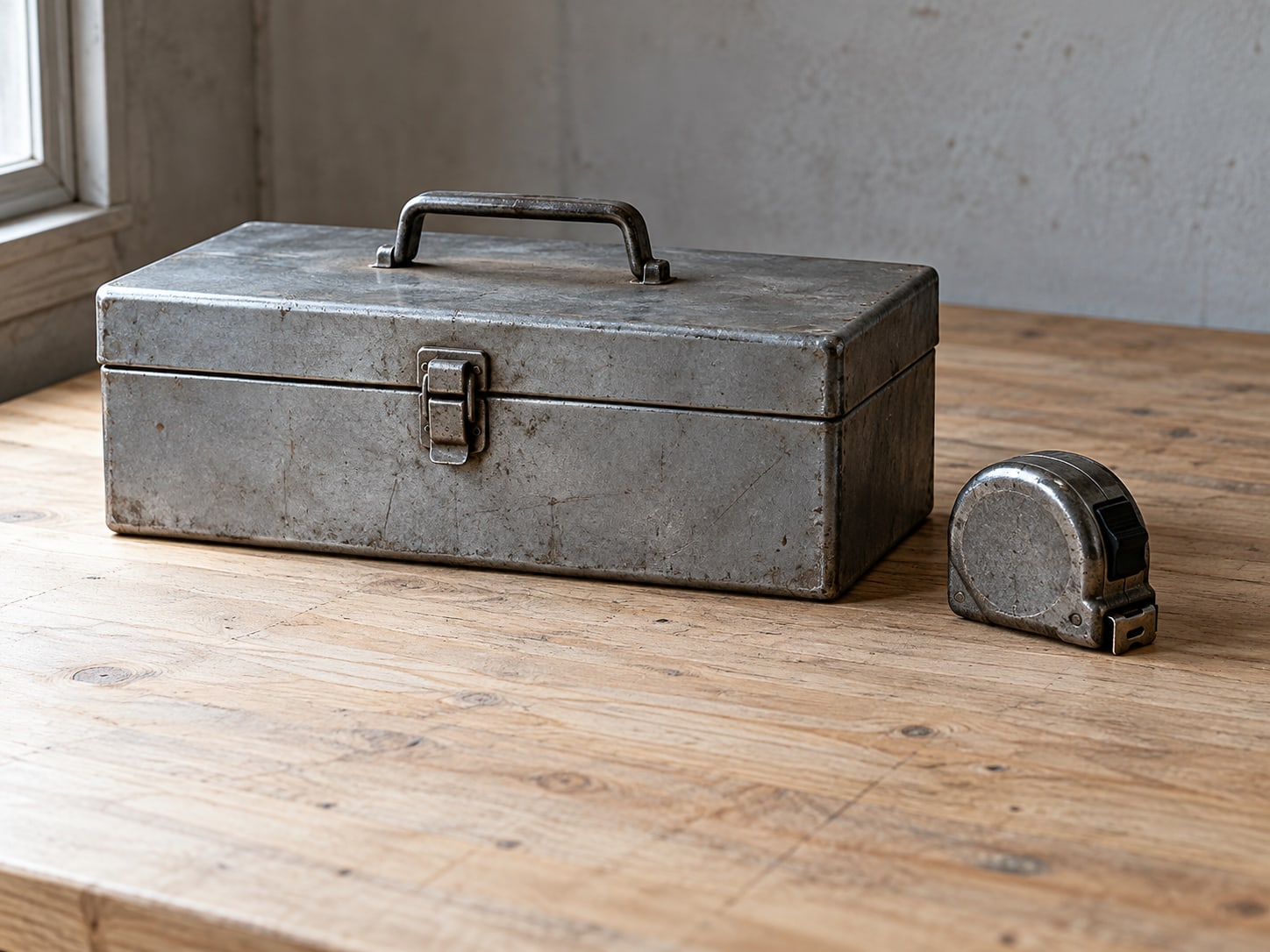 A closed metal toolbox beside a coiled tape measure on a clean workbench in soft afternoon light.