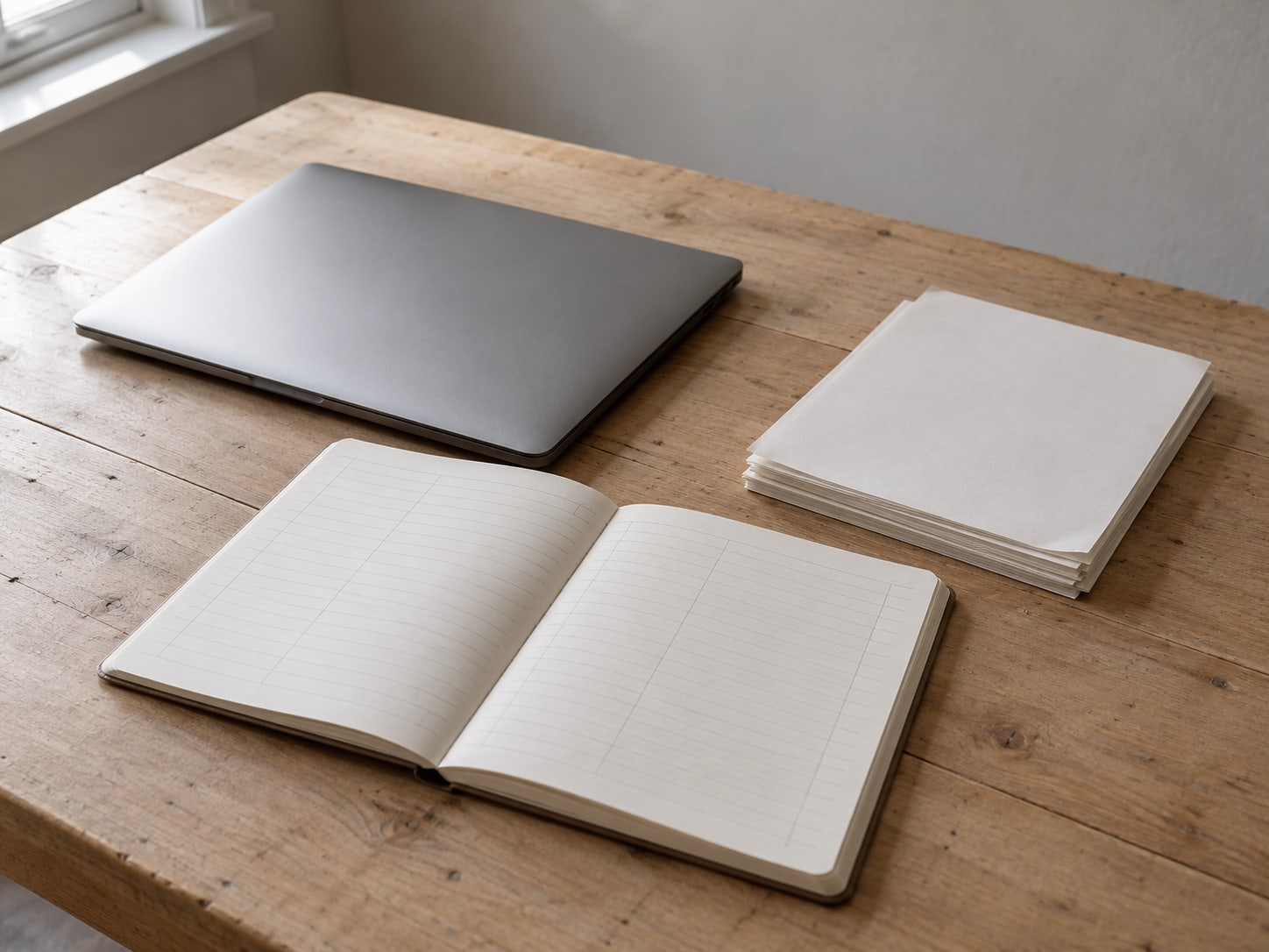 A closed laptop beside an open ruled notebook with faint pencil columns and a short stack of paid invoices on a kitchen-table desk.