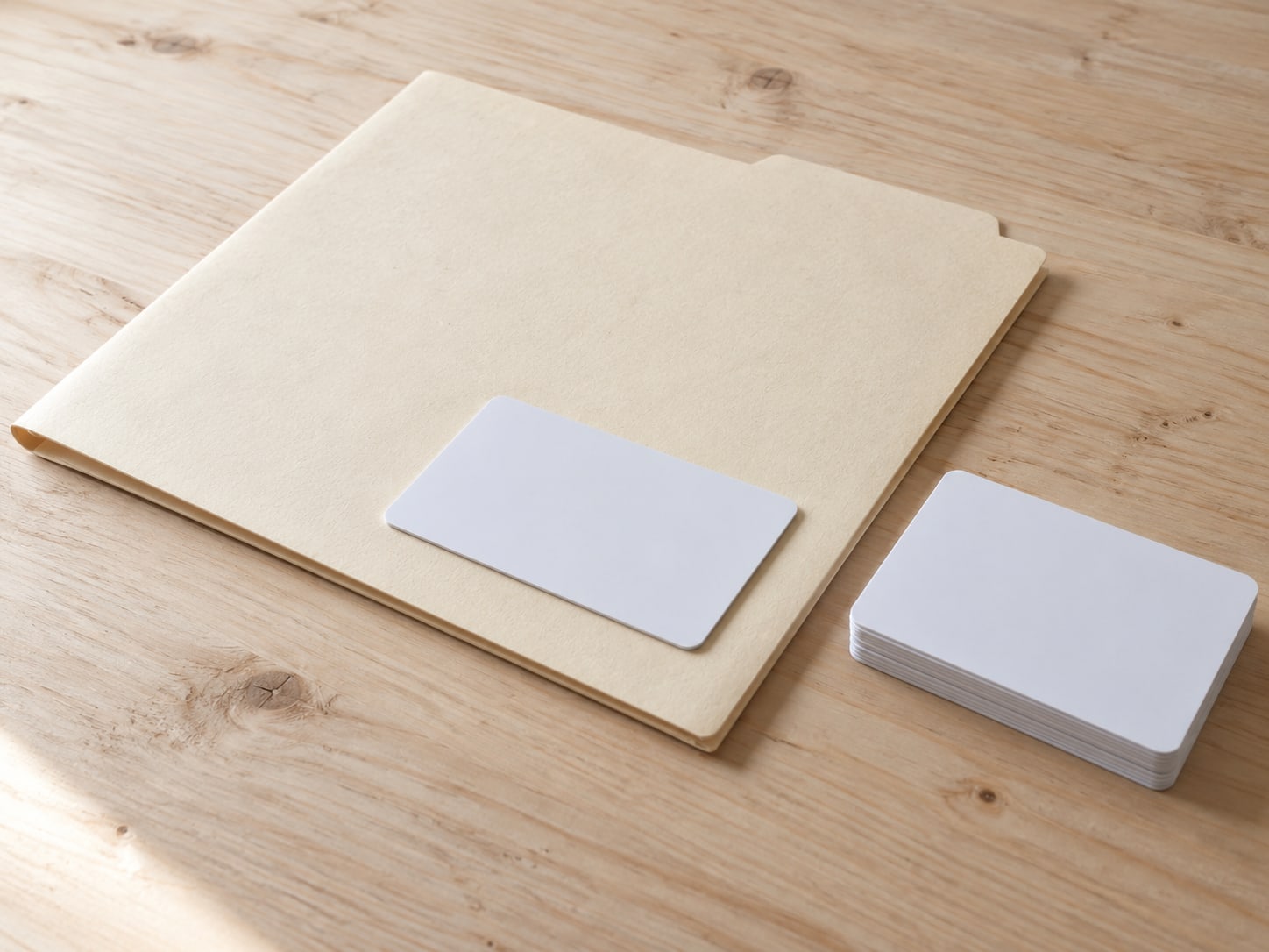 A plain blank gift card resting on a closed manila folder beside a small stack of unmarked cards on a wooden counter.