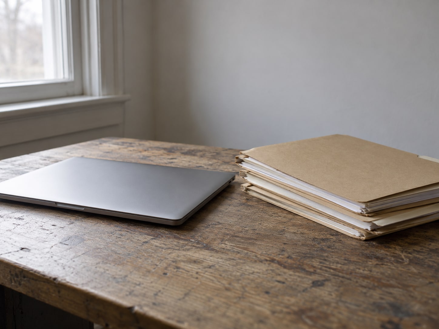 A closed laptop and a stack of finished job folders on a worktable.