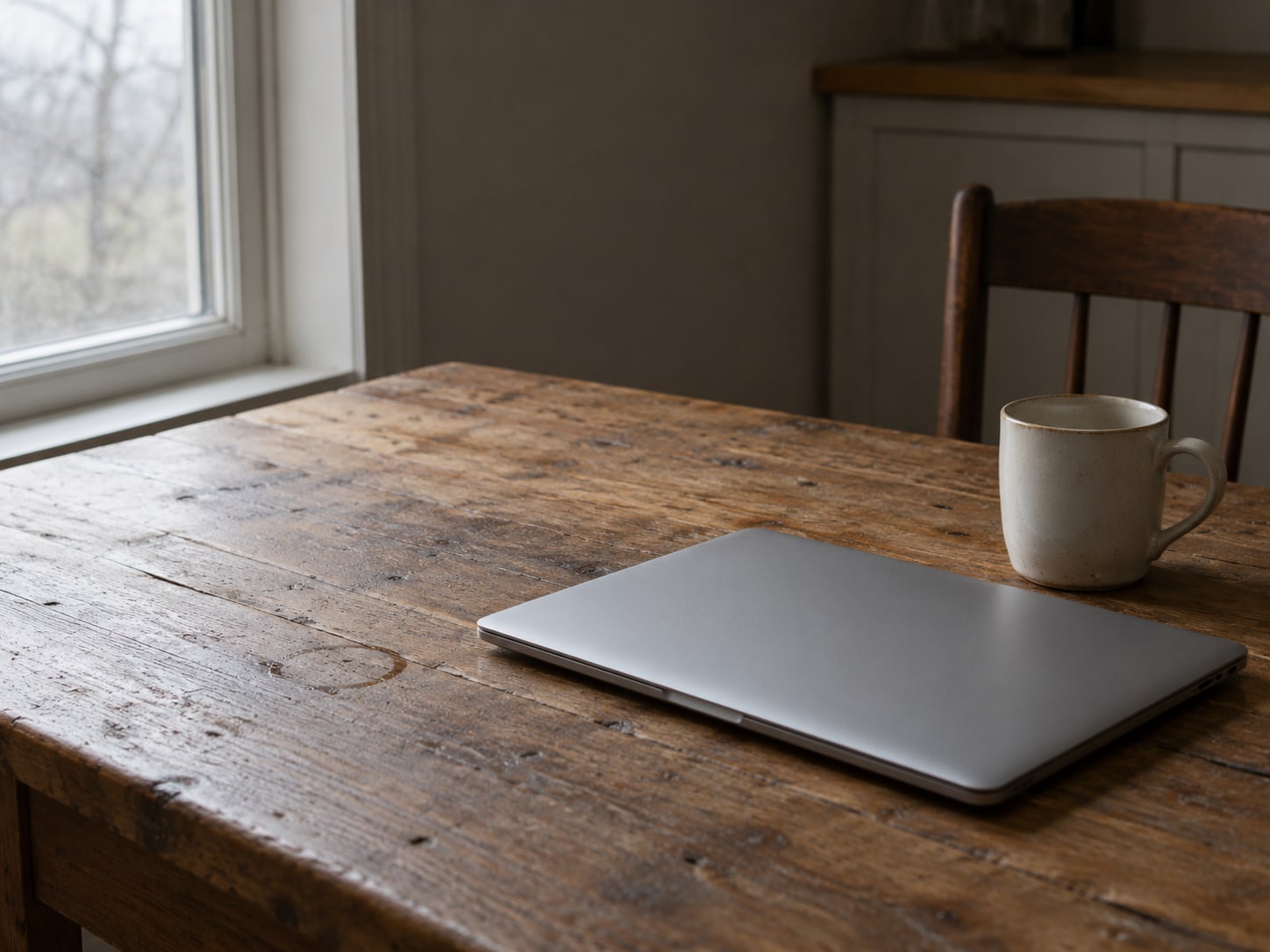 Una computadora portátil cerrada junto a una taza de cerámica sobre una mesa de cocina, con luz suave de la mañana.