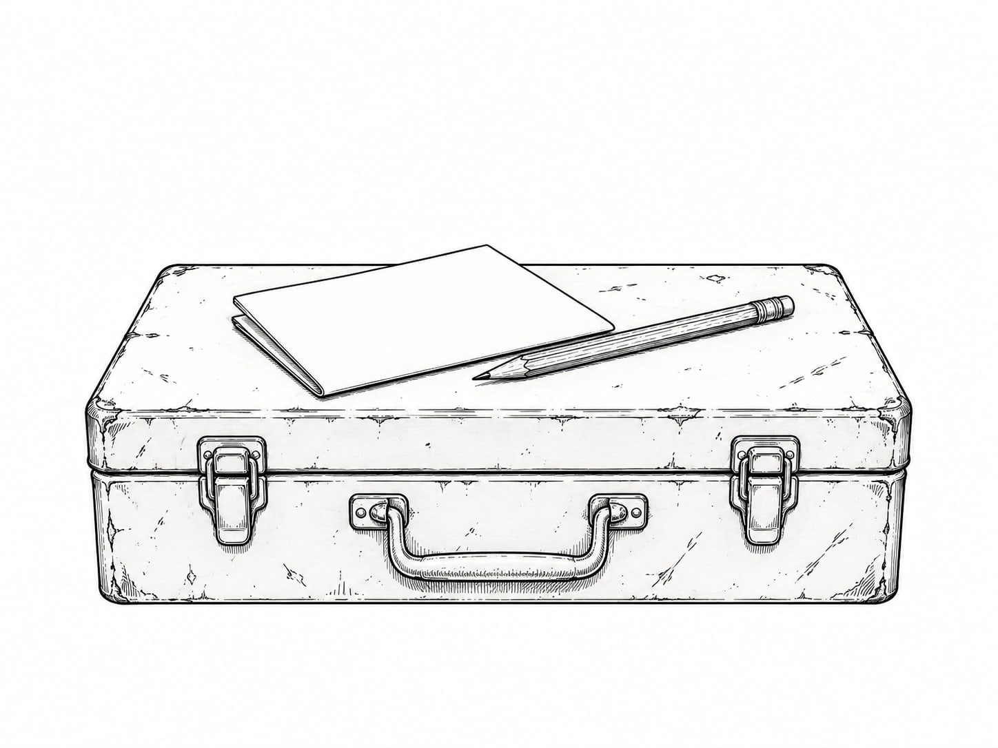 Una caja de herramientas de metal desgastada con una hoja de papel en blanco doblada y un lápiz encima.
