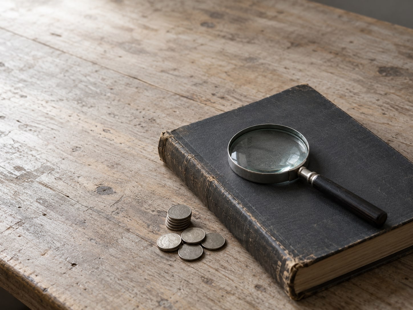 A magnifying glass resting on a closed accounting ledger beside a small stack of coins.