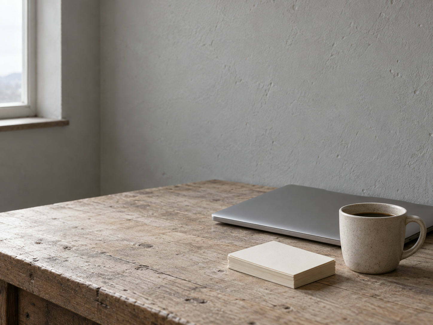 A small stack of blank index cards beside a closed laptop and a cup of coffee on a pale wooden desk.