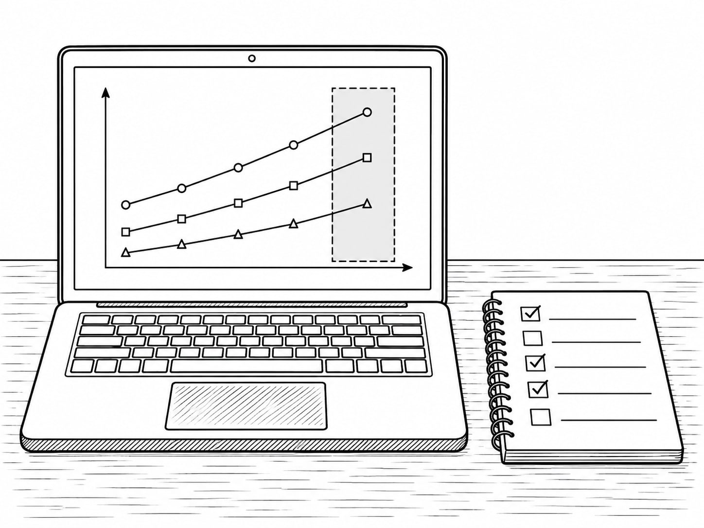 A laptop on a desk showing a simple chart of search impressions with a single category page highlighted, a notebook of checked URLs beside it.