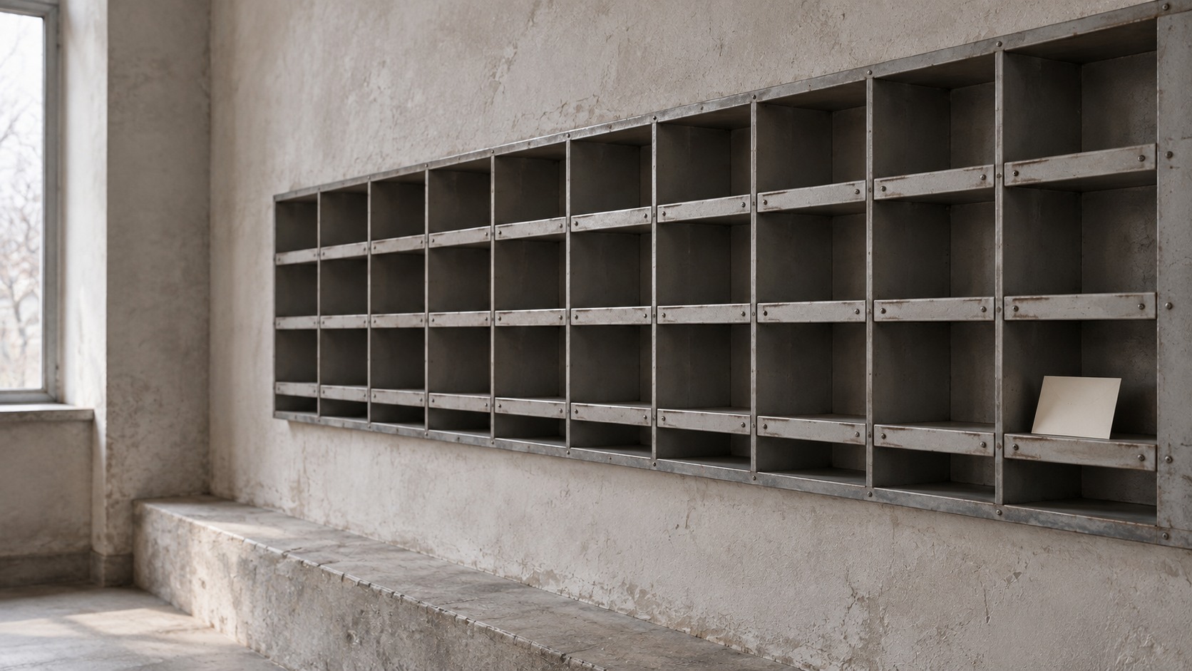 A long wall of empty mailbox slots in a quiet lobby, with only one slot holding a card.