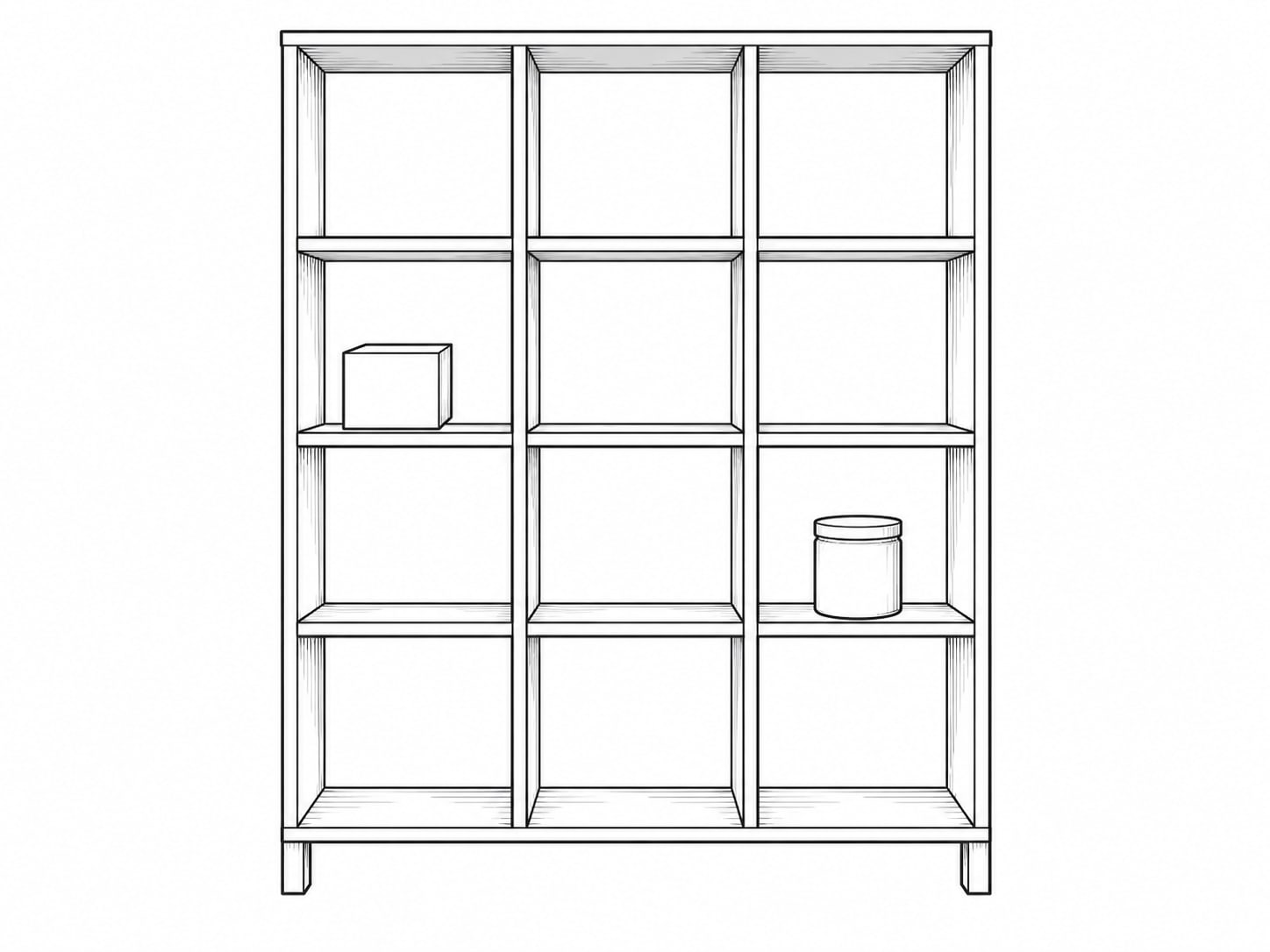 An empty wooden shelf unit with labeled cubbies, only two of them holding anything, in a quiet shop before opening.
