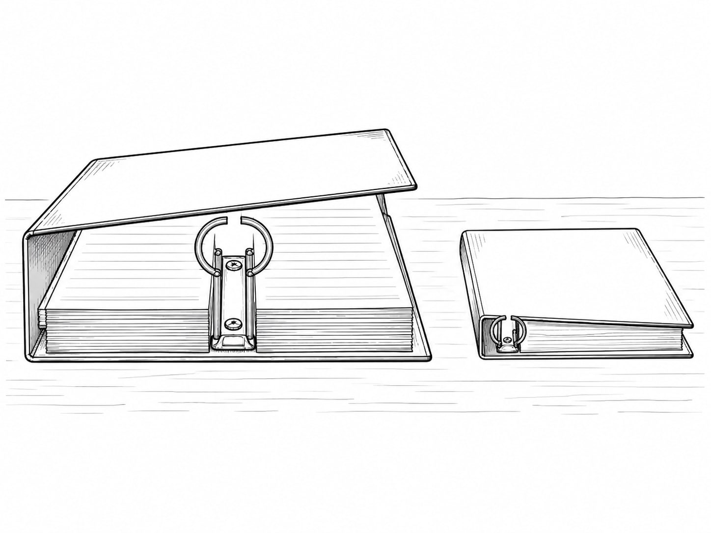 A drawing of a thick ring binder being closed beside a smaller, thinner binder.