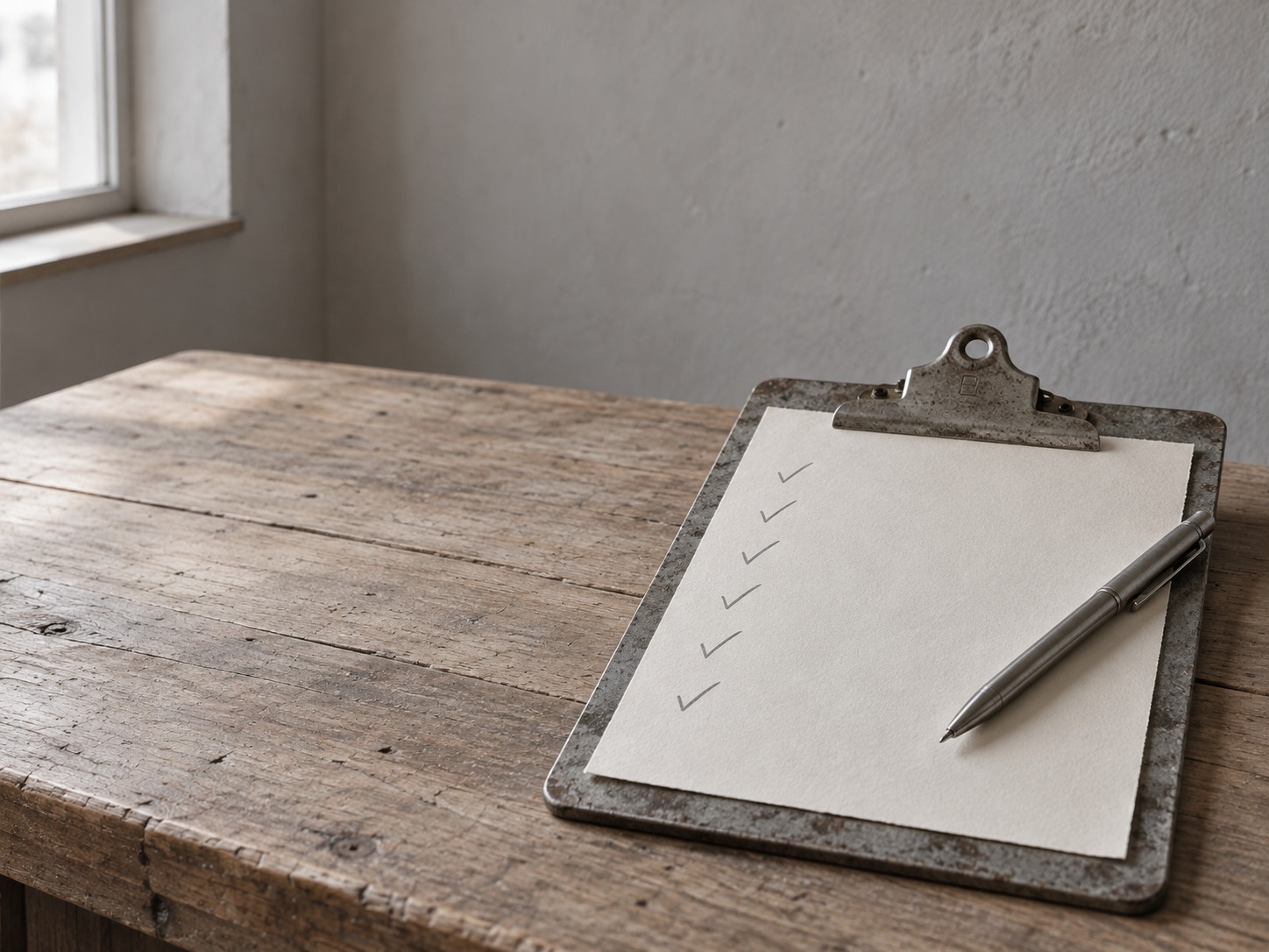 A clipboard with a column of pencil ticks and a pen resting on it, on a wooden desk.