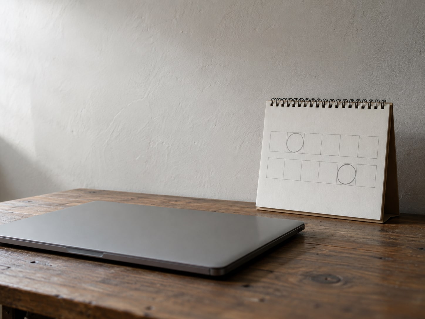 A closed laptop on a desk beside a wall calendar with two rows of blank squares circled lightly in pencil.