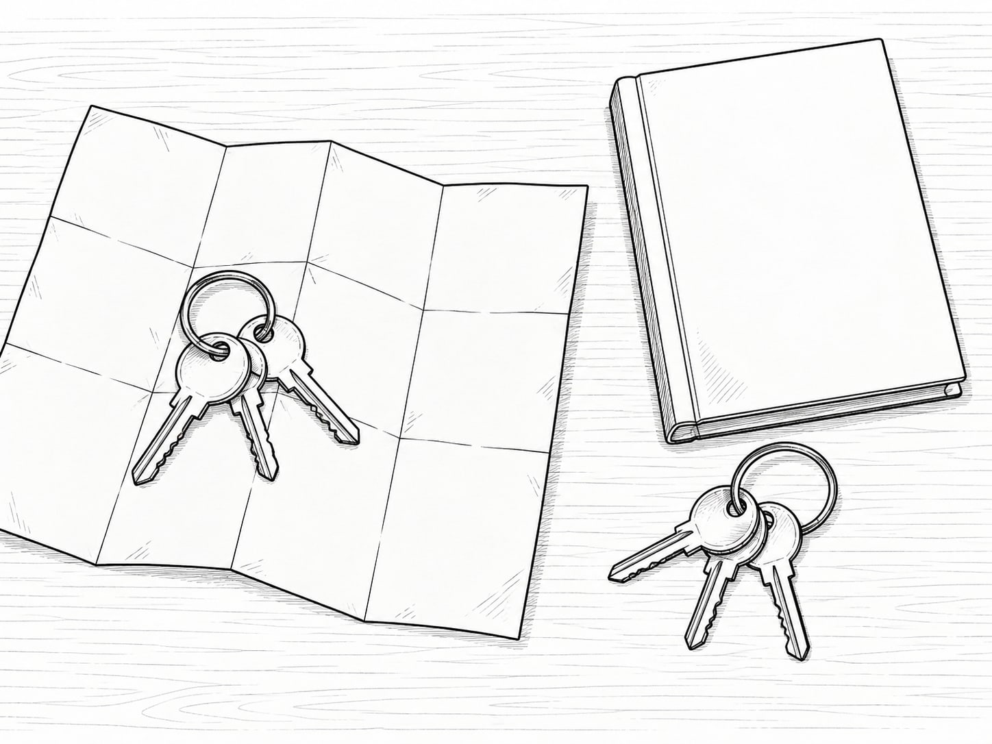 Two sets of keys on a ring resting on a folded paper map beside a closed ledger on a dark desk.