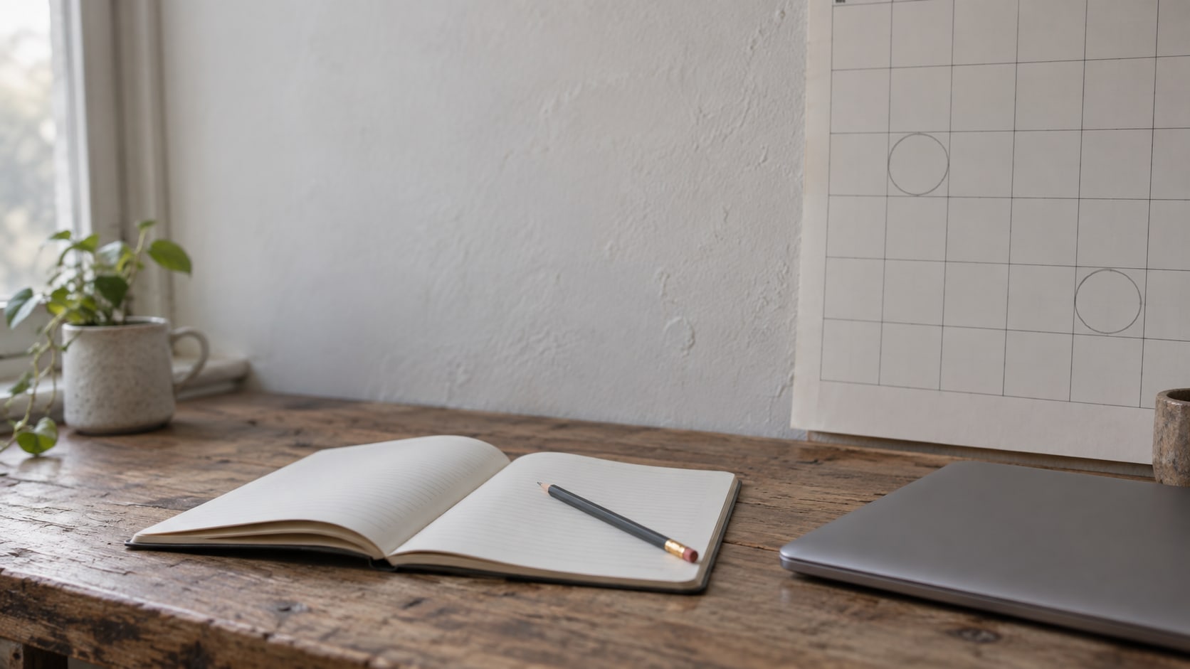 A small open notebook, a pencil and a closed laptop arranged on a quiet wooden desk beside a wall calendar with two lightly circled blank squares.