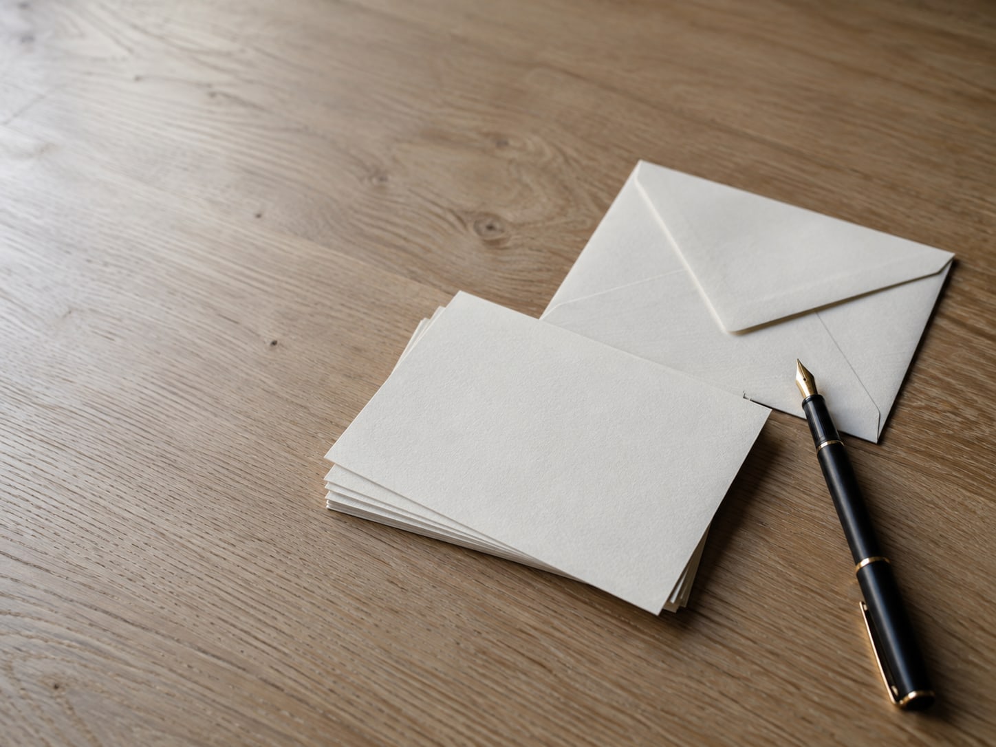 A stack of blank thank-you cards beside a plain envelope and a fountain pen on a light oak table.