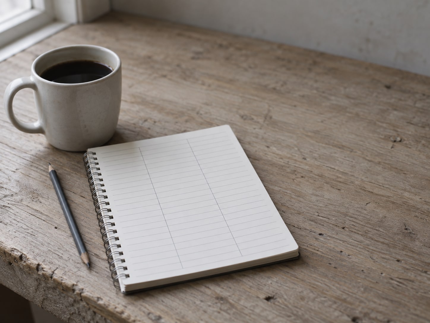 A small spiral notebook lying open on a wooden counter beside a pencil and a mug of coffee, its page ruled into blank columns.