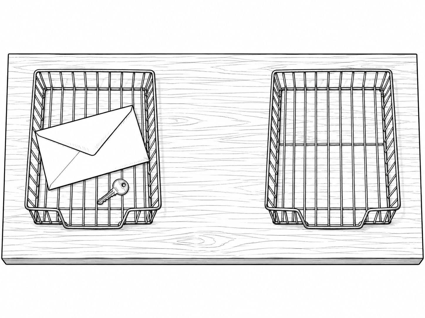 A sealed envelope resting on a small brass key and an empty wire inbox tray on a wooden desk.