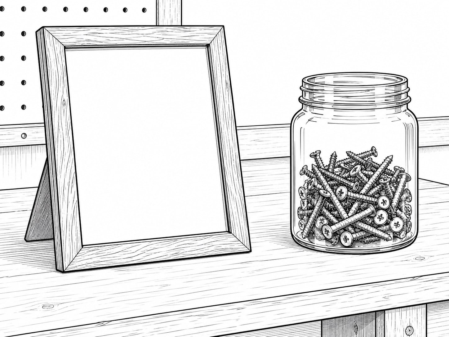 A framed blank photograph beside a plain glass jar of loose screws on a clean workbench.