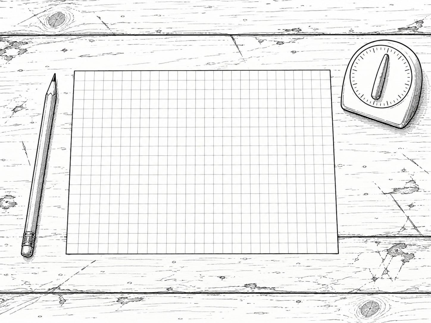 A single sheet of blank graph paper divided into rows, with a pencil and a small brass timer on a worn desk.