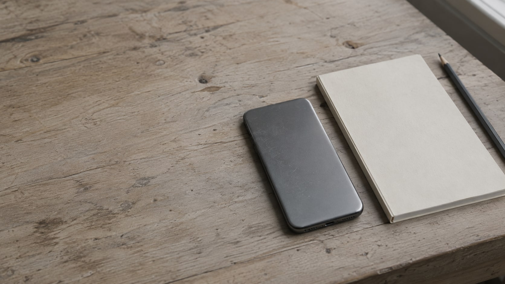 A closed phone lying face down beside a blank notepad and a pencil on a wooden counter.