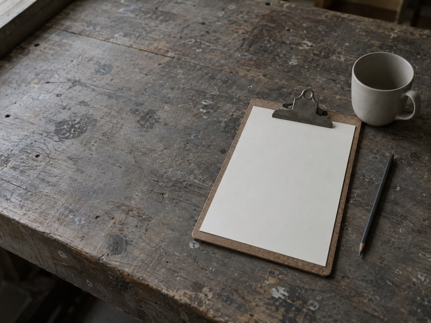 A blank clipboard with a pencil and a ceramic mug on a workshop bench.