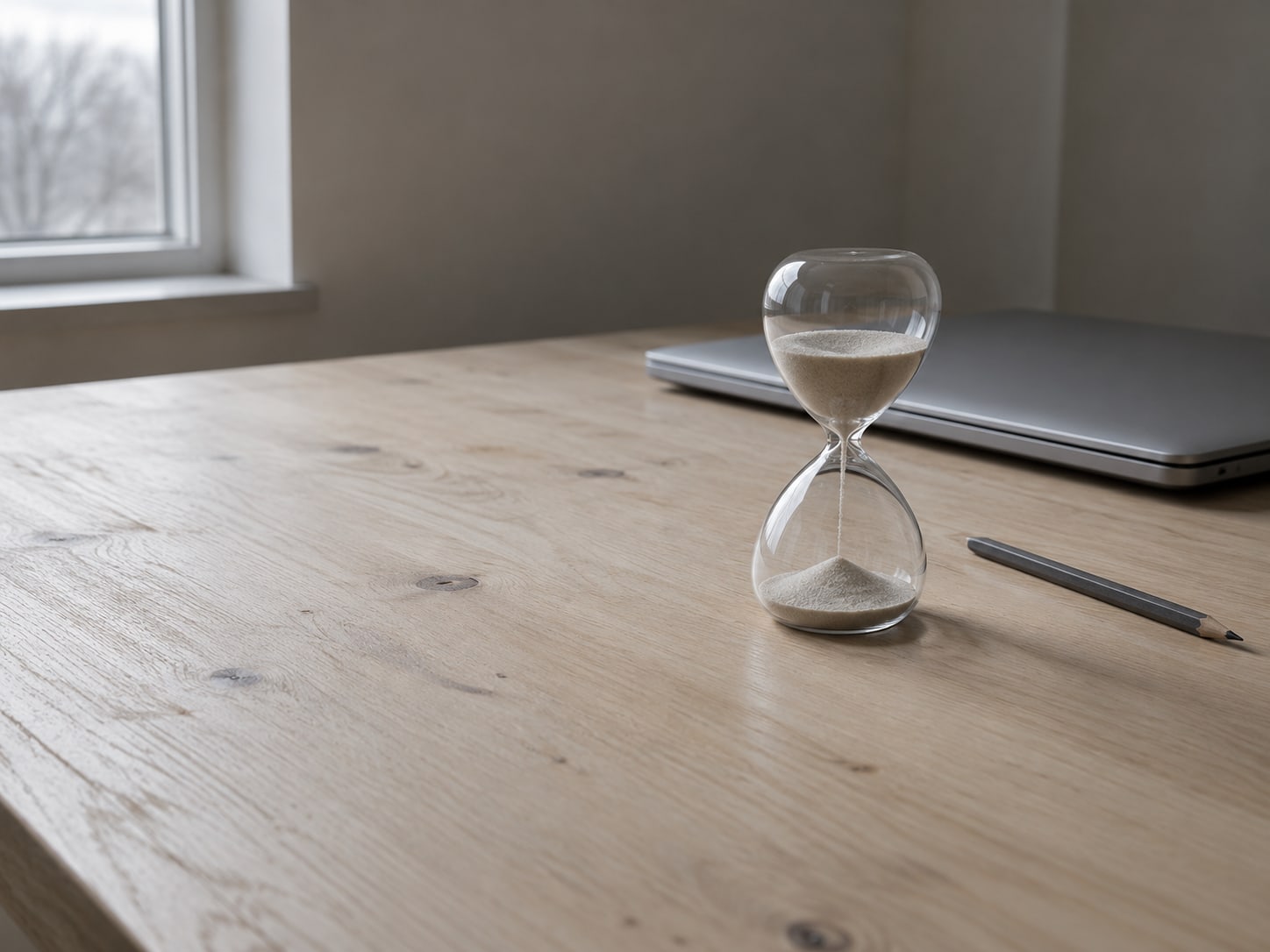 An hourglass beside a closed laptop and a pencil on a tidy desk.