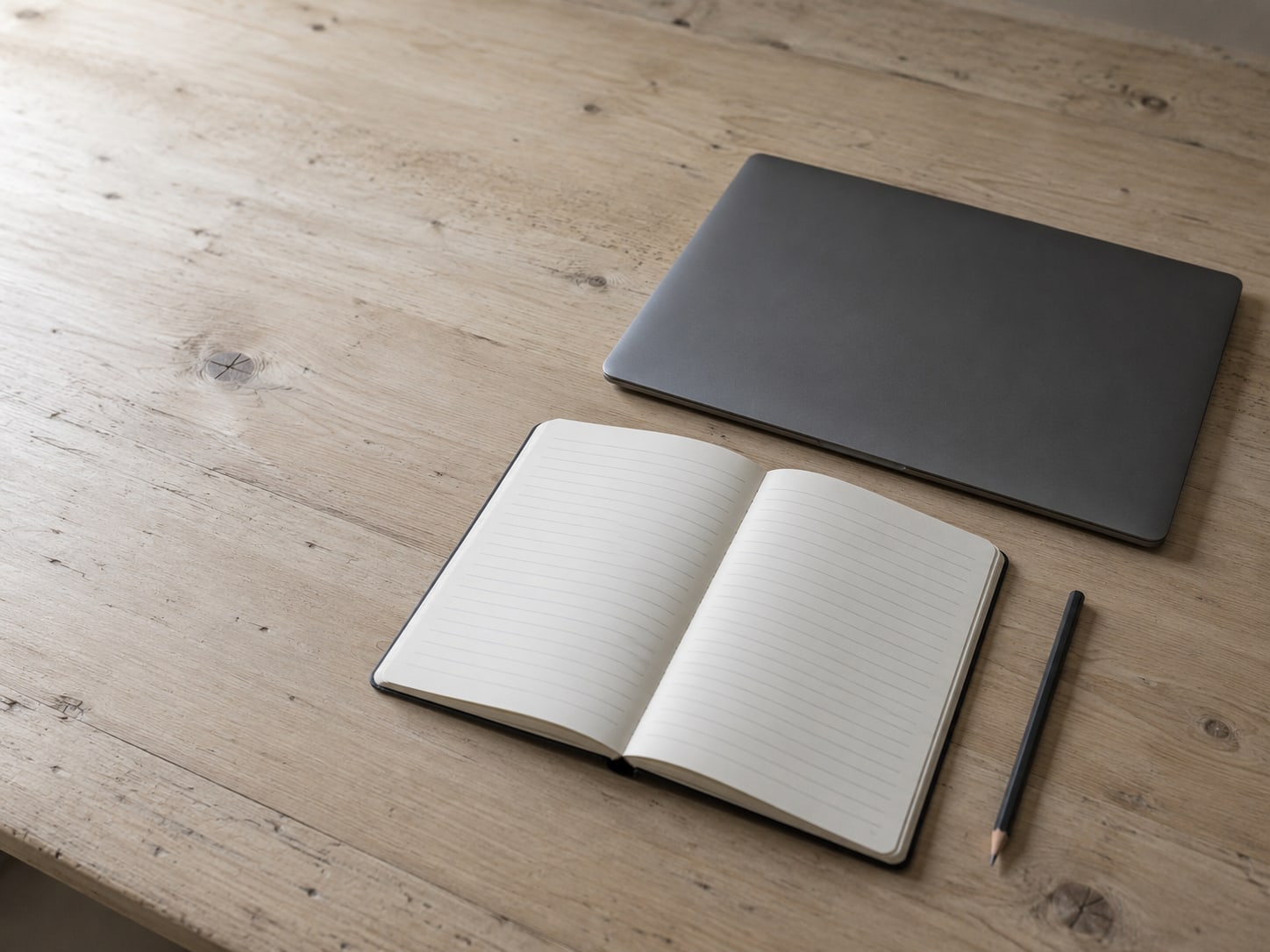 A pencil, a blank ruled notebook and a closed laptop on a tidy desk.