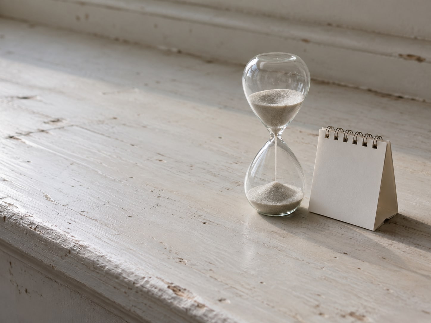 An hourglass on a sunlit windowsill beside a blank paper desk calendar block.