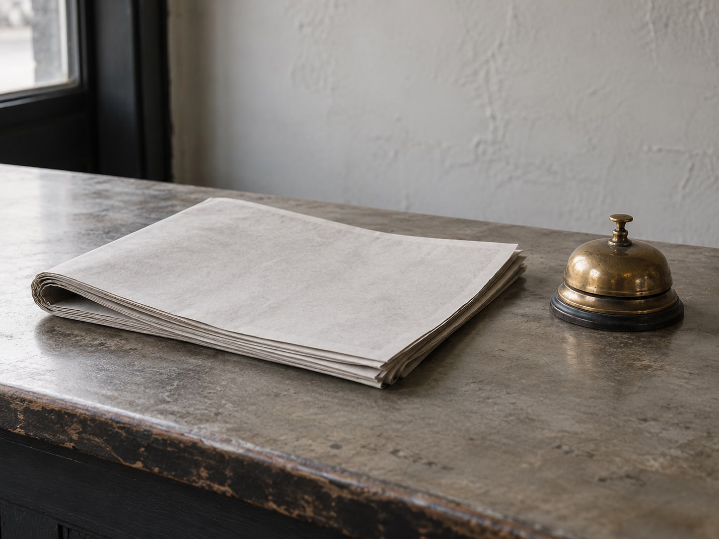 A folded local newspaper resting on a shop counter next to a small brass bell.