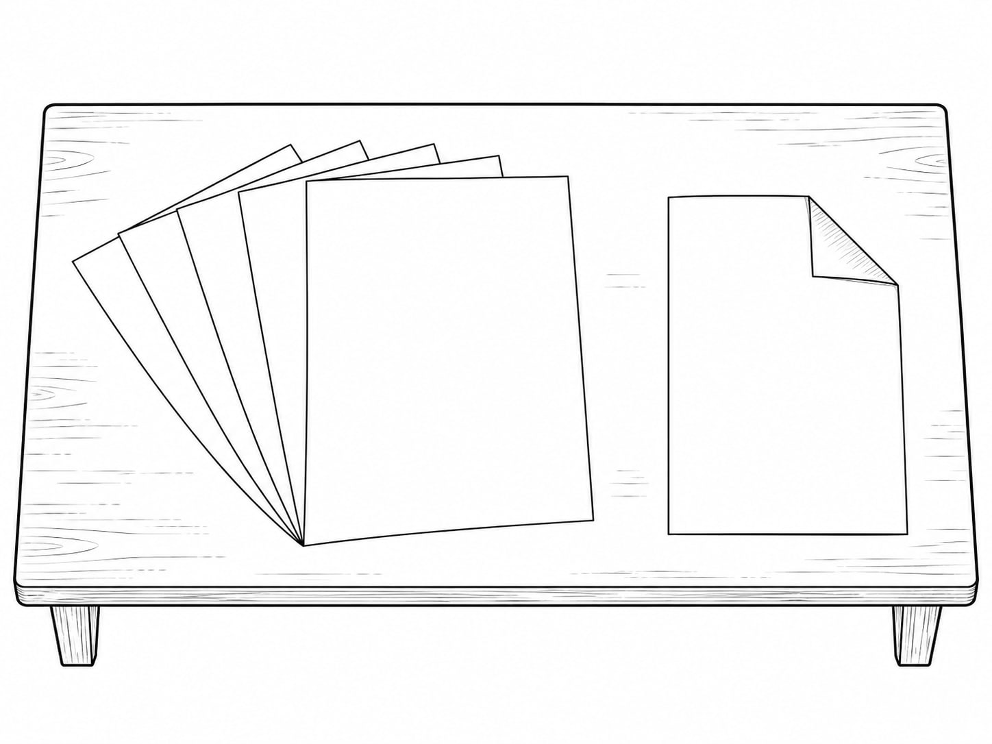 Several identical printed pages fanned out on a table next to a single folded page set slightly apart.