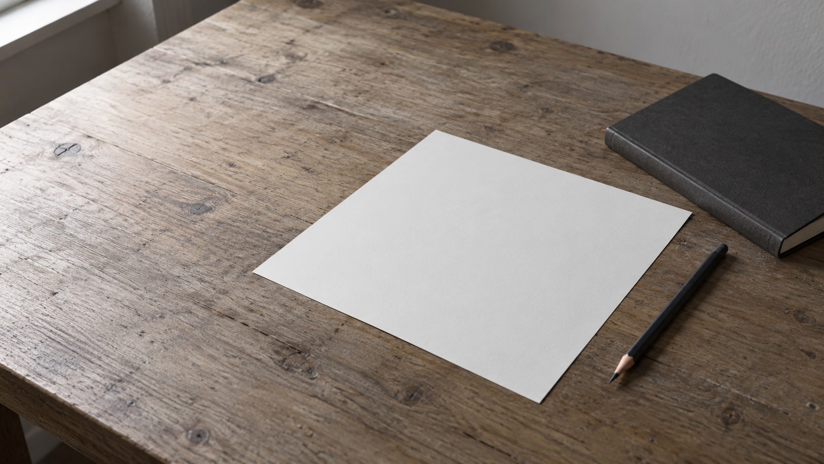 A single sheet of blank paper and a pencil on a clean wooden desk beside a closed notebook.