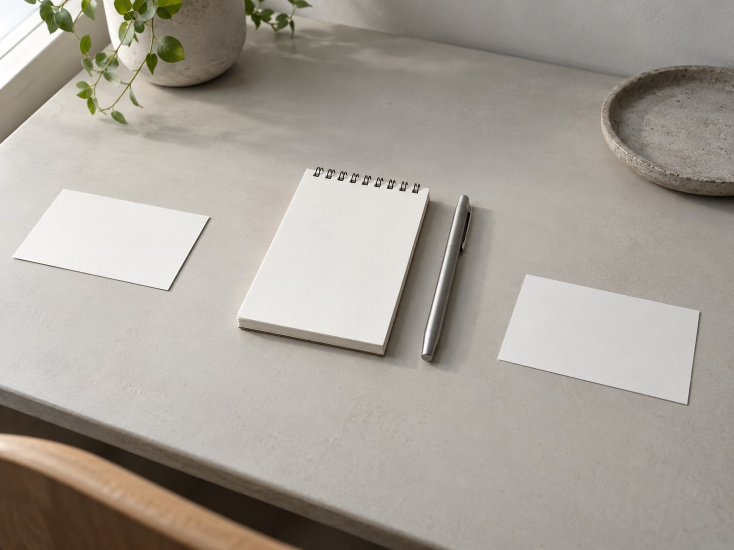 A tidy desk with a small notepad, a pen and two blank cards, one set to the left and one to the right.