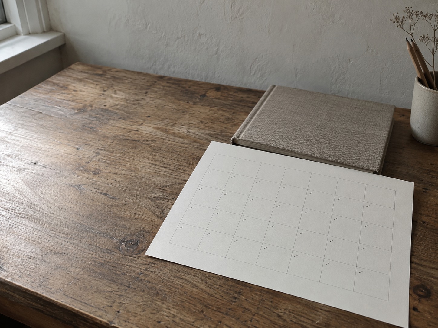 A wall calendar page with small, evenly spaced pencil ticks across every week, resting on a desk next to a closed notebook.