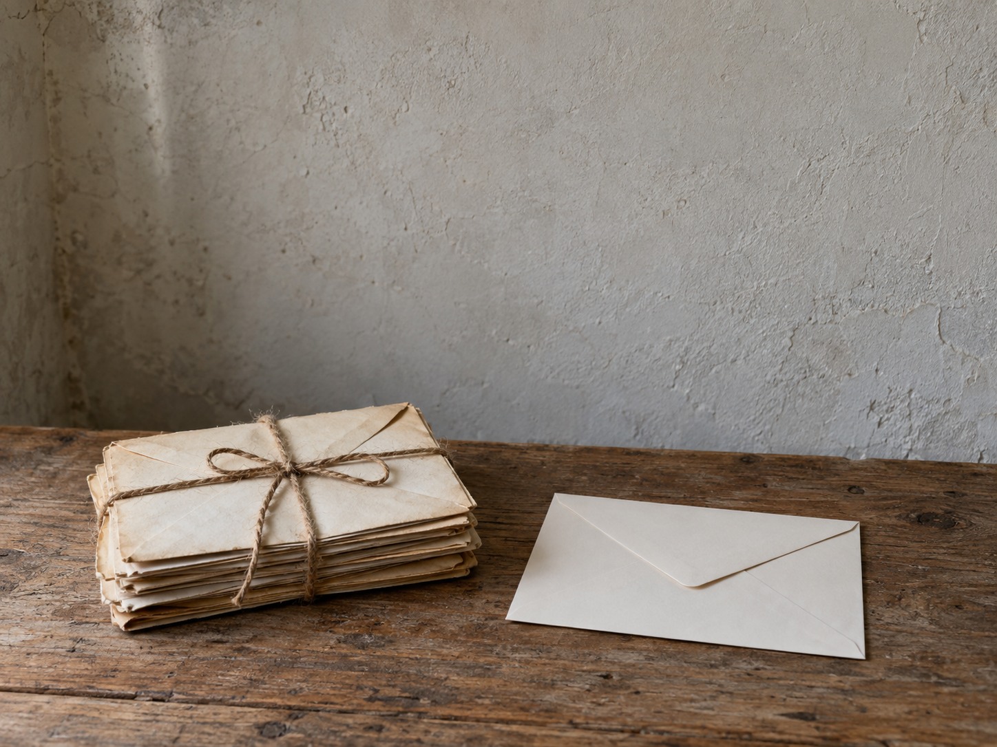 A small stack of old paper envelopes tied with twine beside a single fresh envelope on a wooden desk.