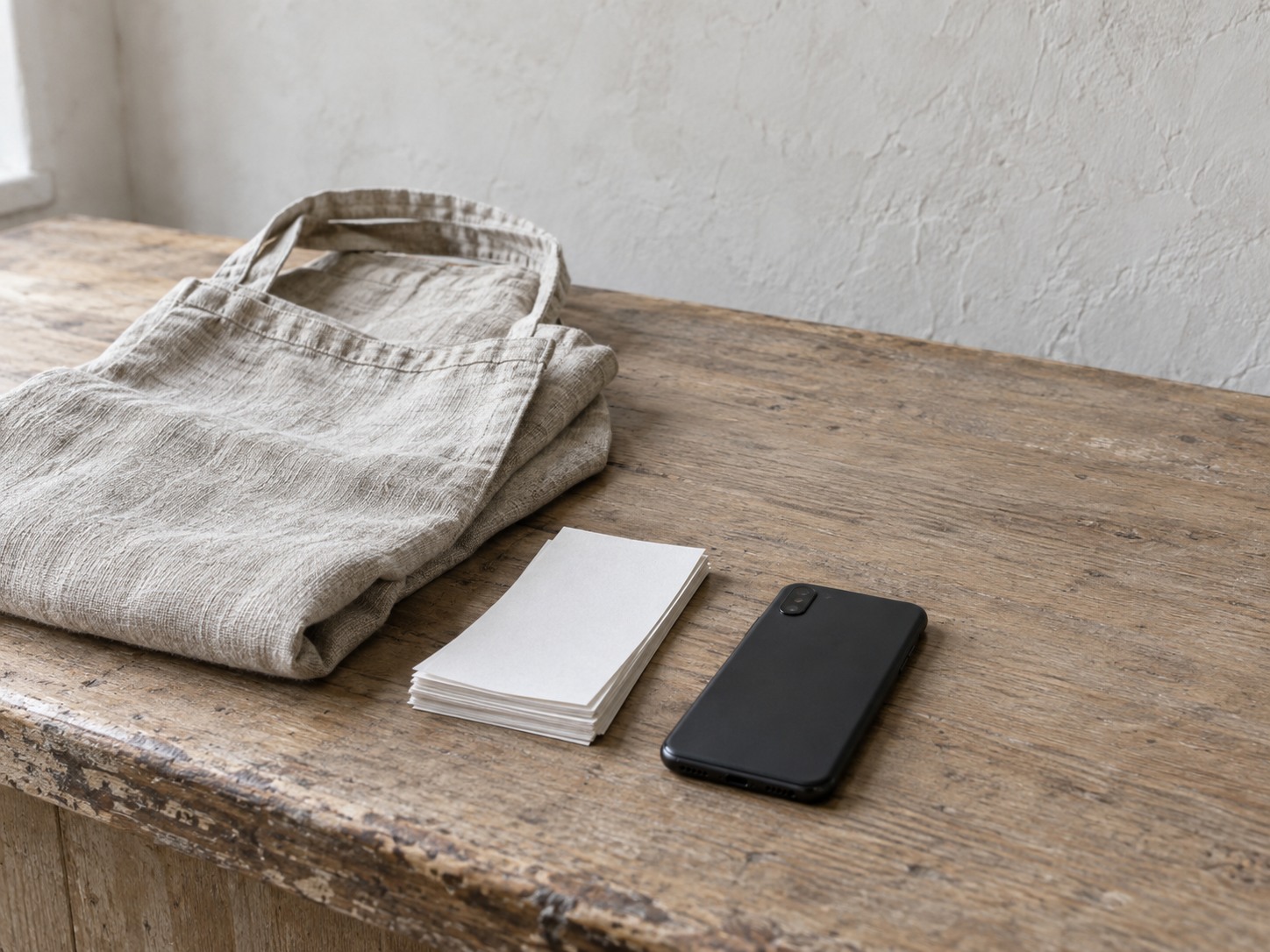 A folded apron and a small stack of blank order slips resting on a wooden shop counter beside a closed phone lying face down.