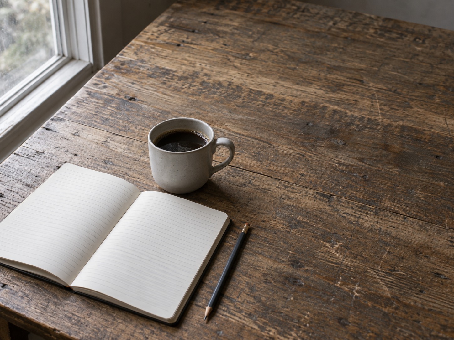 A small notebook with blank lined pages lying open beside a cup of coffee and a pencil on a café table near a window.