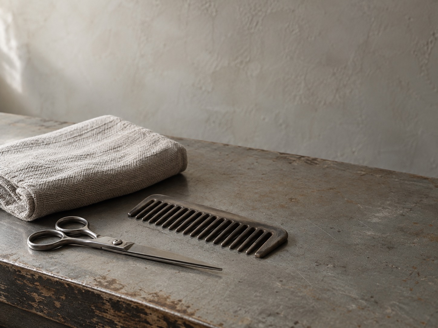 A pair of clean grooming scissors, a folded towel and a wide-tooth comb laid neatly on a salon workstation.