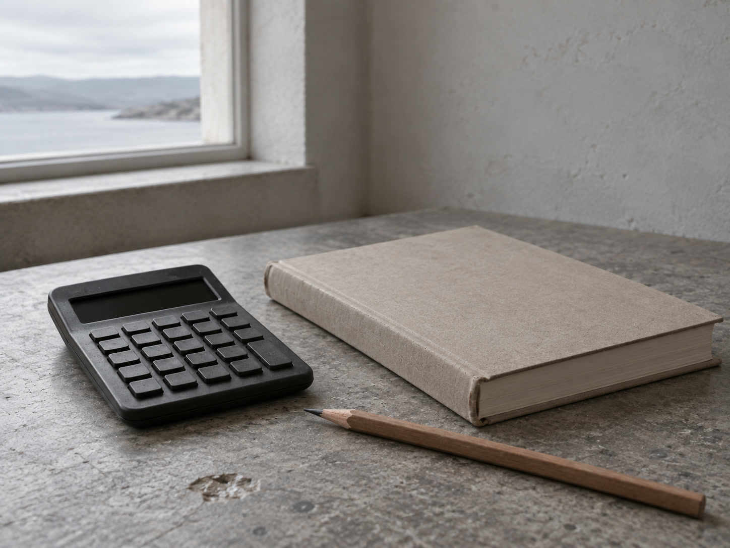 A pocket calculator switched off beside a blank ledger book and a sharpened pencil on a gray stone countertop.