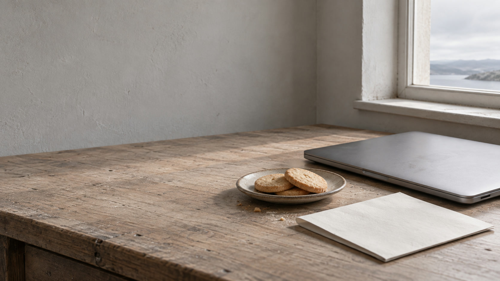 A small plate of plain round cookies beside a closed laptop and a folded blank sheet of paper on a desk.