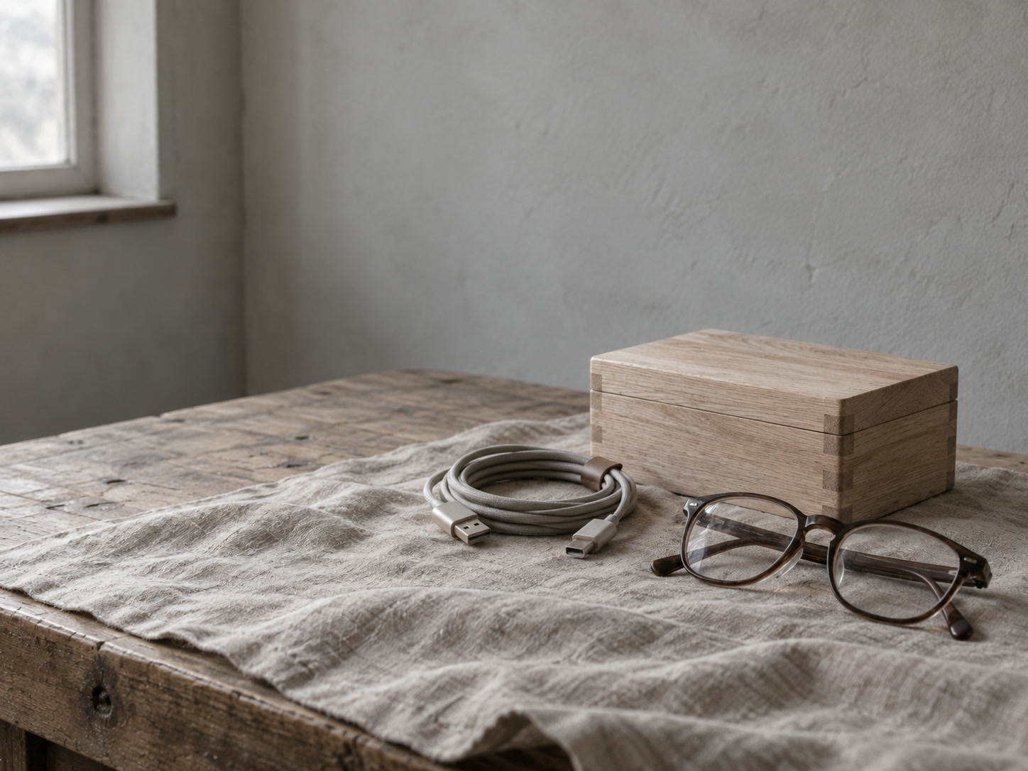 A small wooden box with its lid closed beside a neatly coiled cable and a pair of reading glasses on a linen cloth.