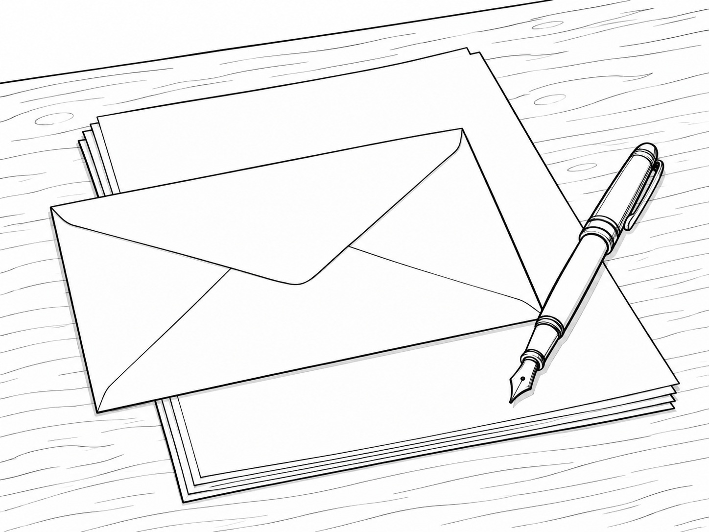 A sealed envelope and a fountain pen resting on a stack of blank cream paper on a walnut desk.