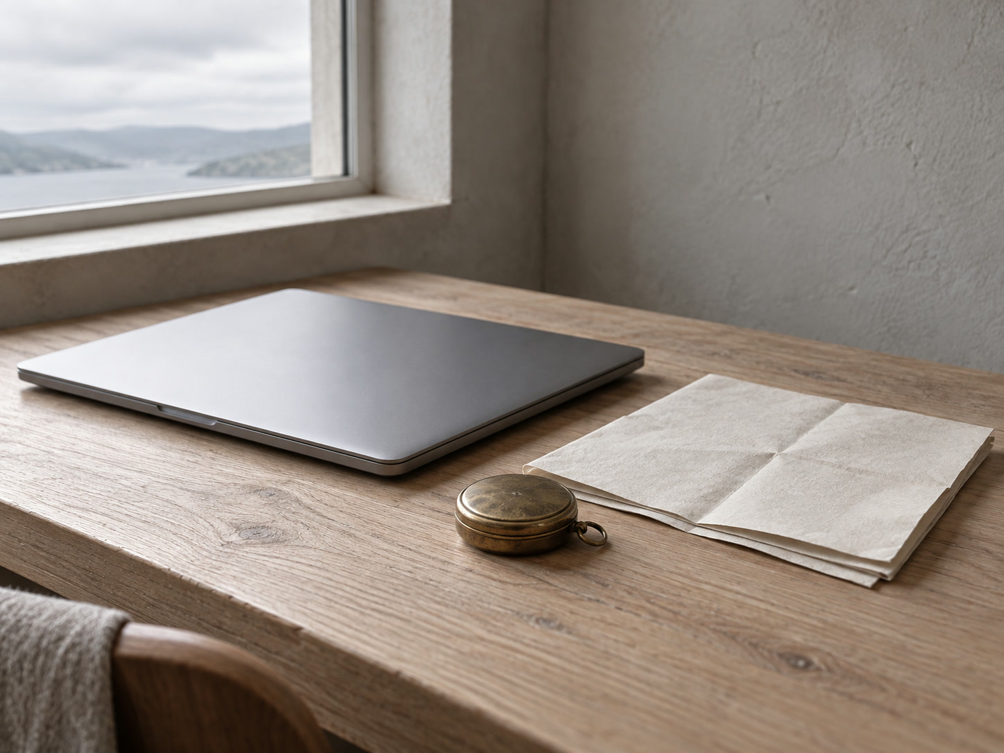 A closed laptop beside a folded paper map and a small brass compass on a pale oak desk.