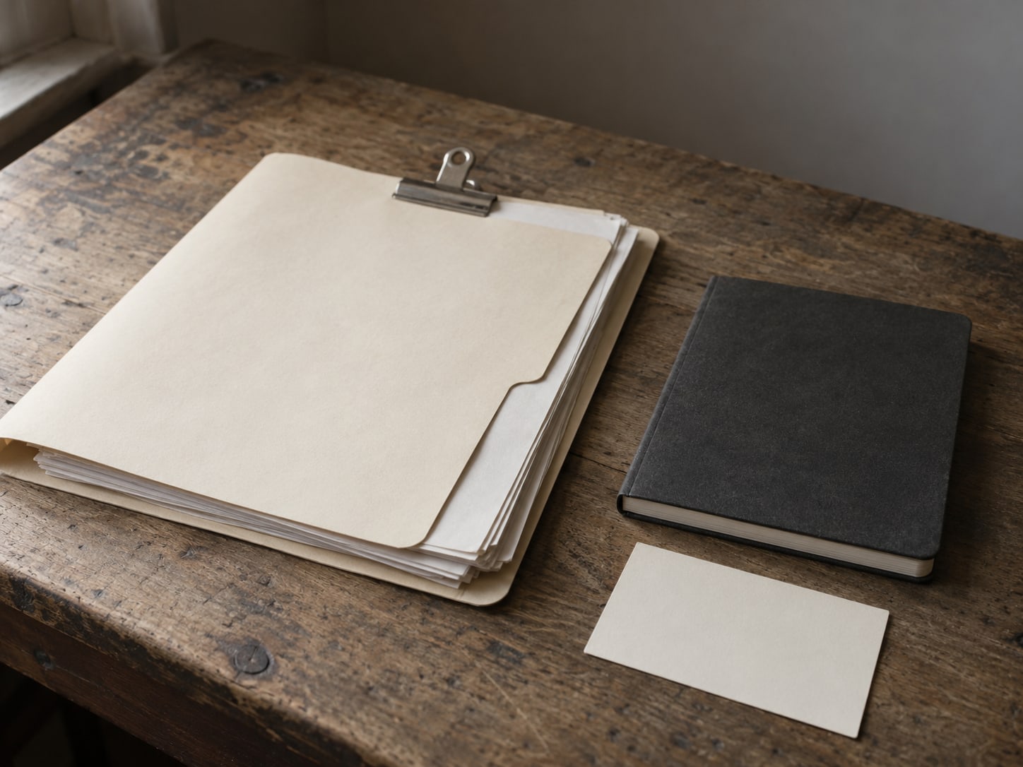 A tidy folder of paper invoices clipped together on a desk next to a closed notebook and a blank index card.