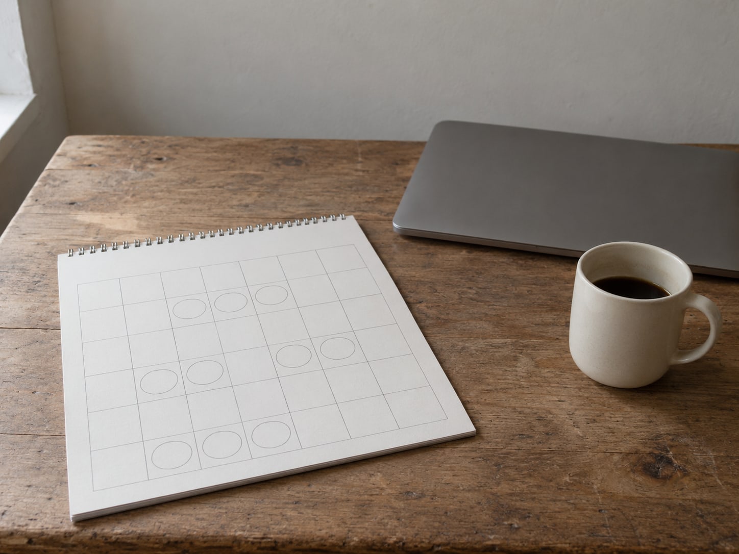 A wall calendar page with several weeks lightly marked in pencil, beside a closed laptop and a coffee mug.