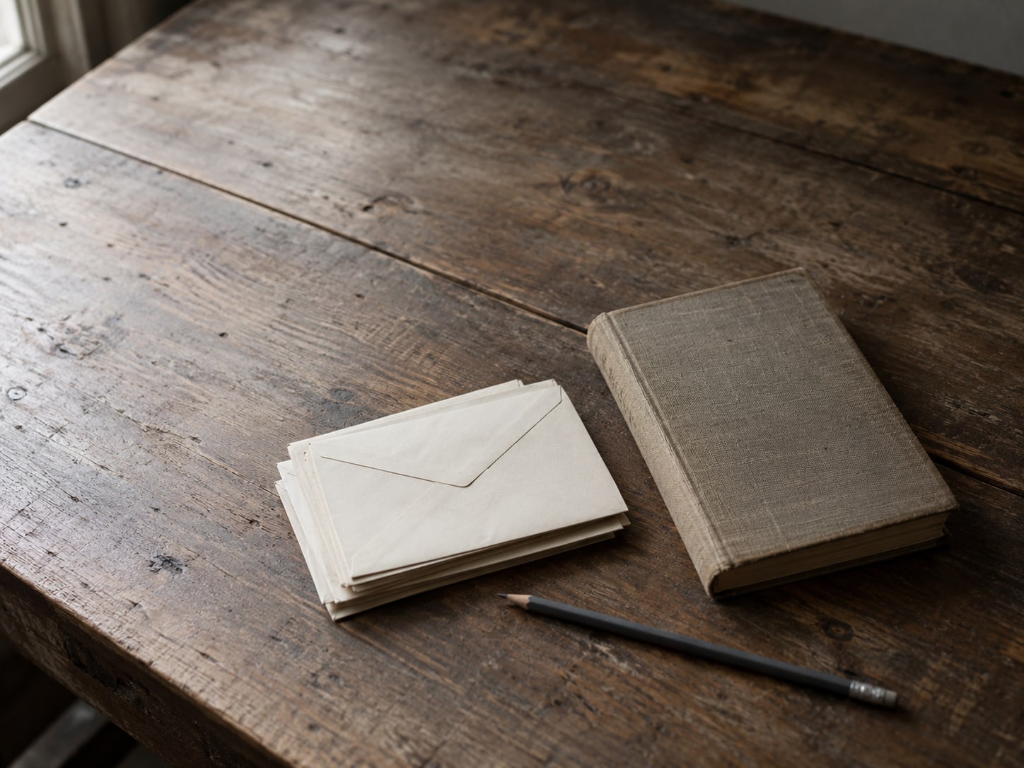 A closed ledger beside a small stack of unopened envelopes and a pencil on a worn wooden desk.