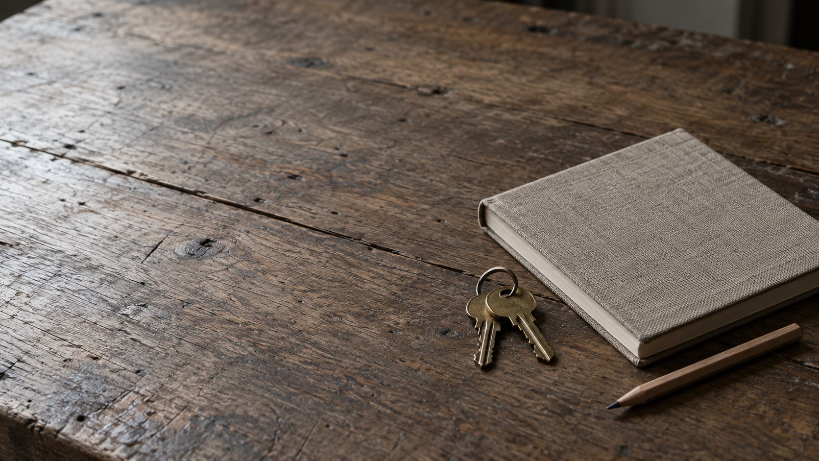 A closed notebook with two brass keys on a ring and a sharpened pencil beside it on a worn wooden desk.