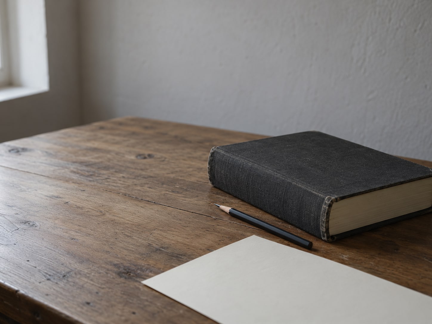A closed dictionary beside a sharpened pencil and a blank sheet of paper on a tidy desk.
