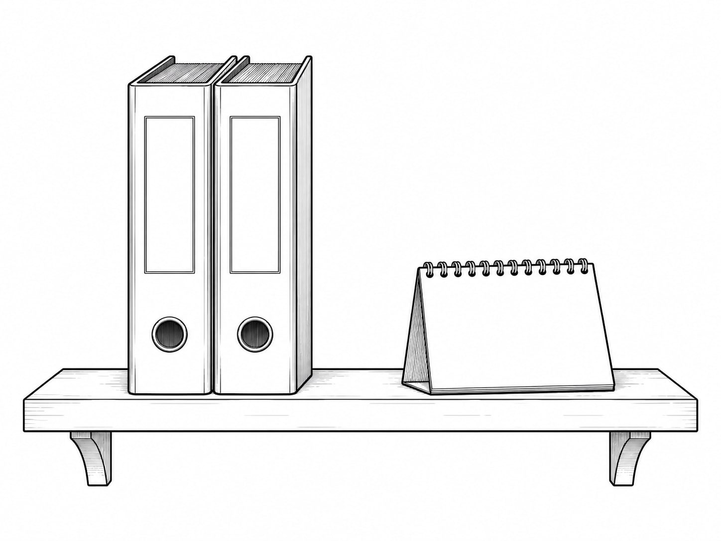 Two matching closed binders side by side on a shelf next to a small desk calendar lying face down.