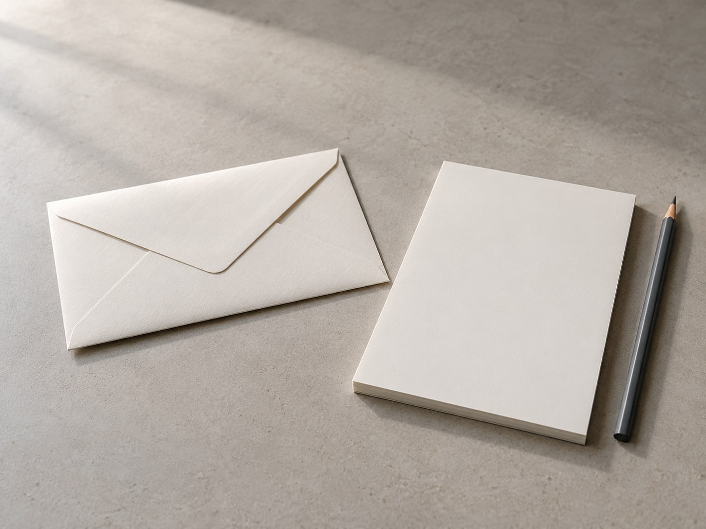 A single sealed envelope on a tidy desk beside a blank notepad and a pencil.