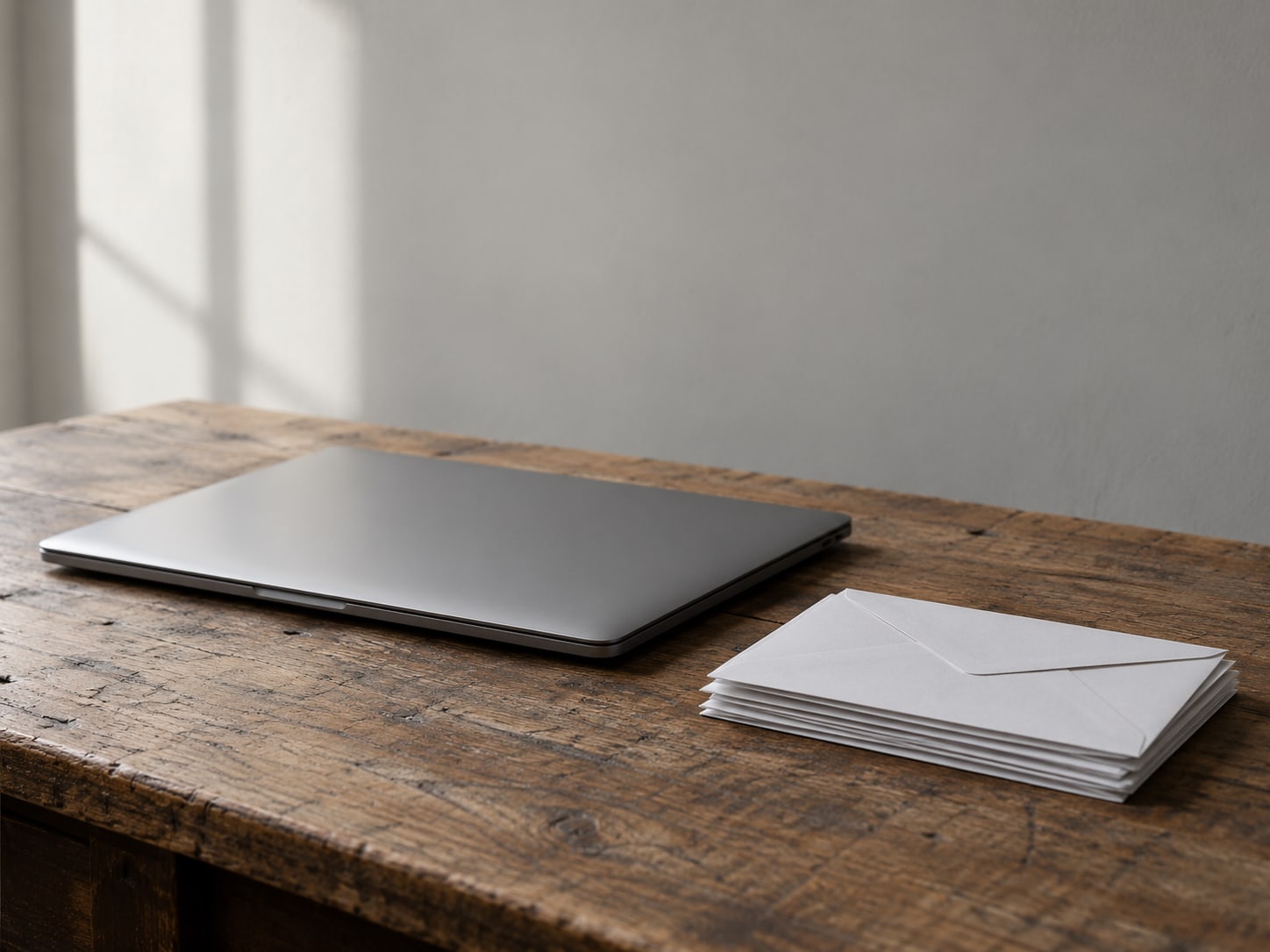 A closed laptop beside a small stack of unopened envelopes on a worn wooden desk.