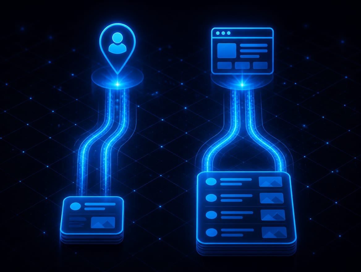 Two labeled channels handling two different sets of searches, a profile for local map results and a website for everything else.